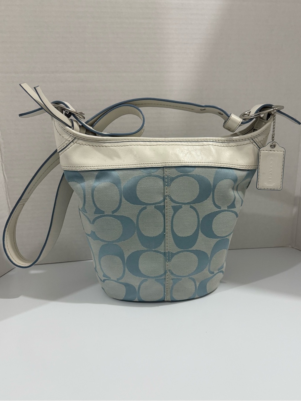 Coach F13358 Signature Bucket Bag Blue & White Canvas Leather Crossbody